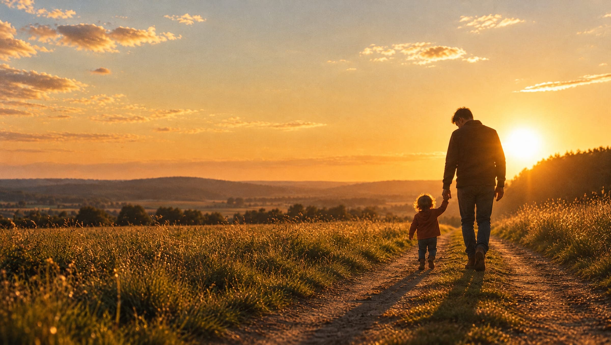 A father and his toddler walk hand in hand down a dirt path at sunset.