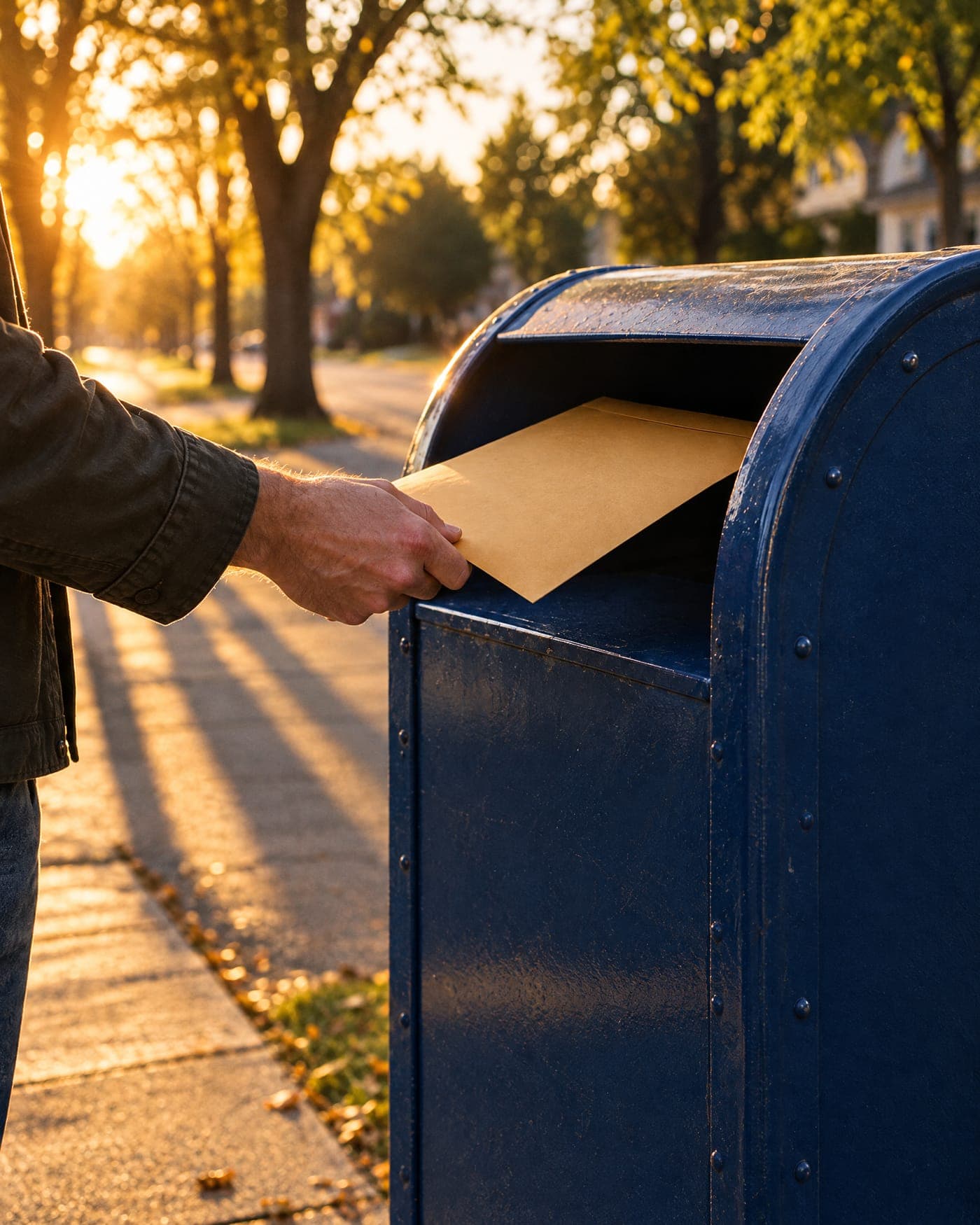 A hand drops a large envelope into a blue mailbox on a street at sunset.