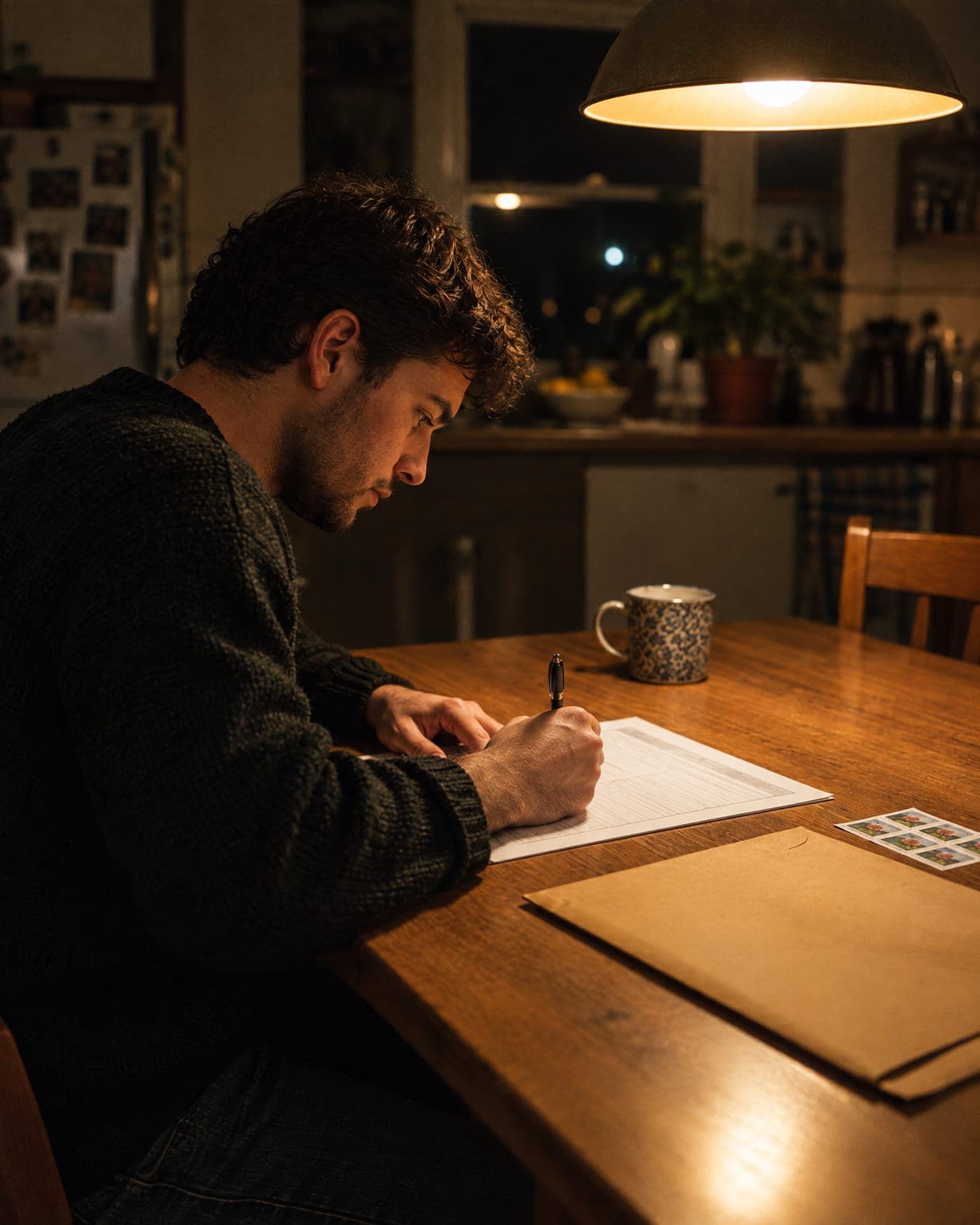 A man fills out a paper form at his kitchen table at night, an envelope and stamps beside him.