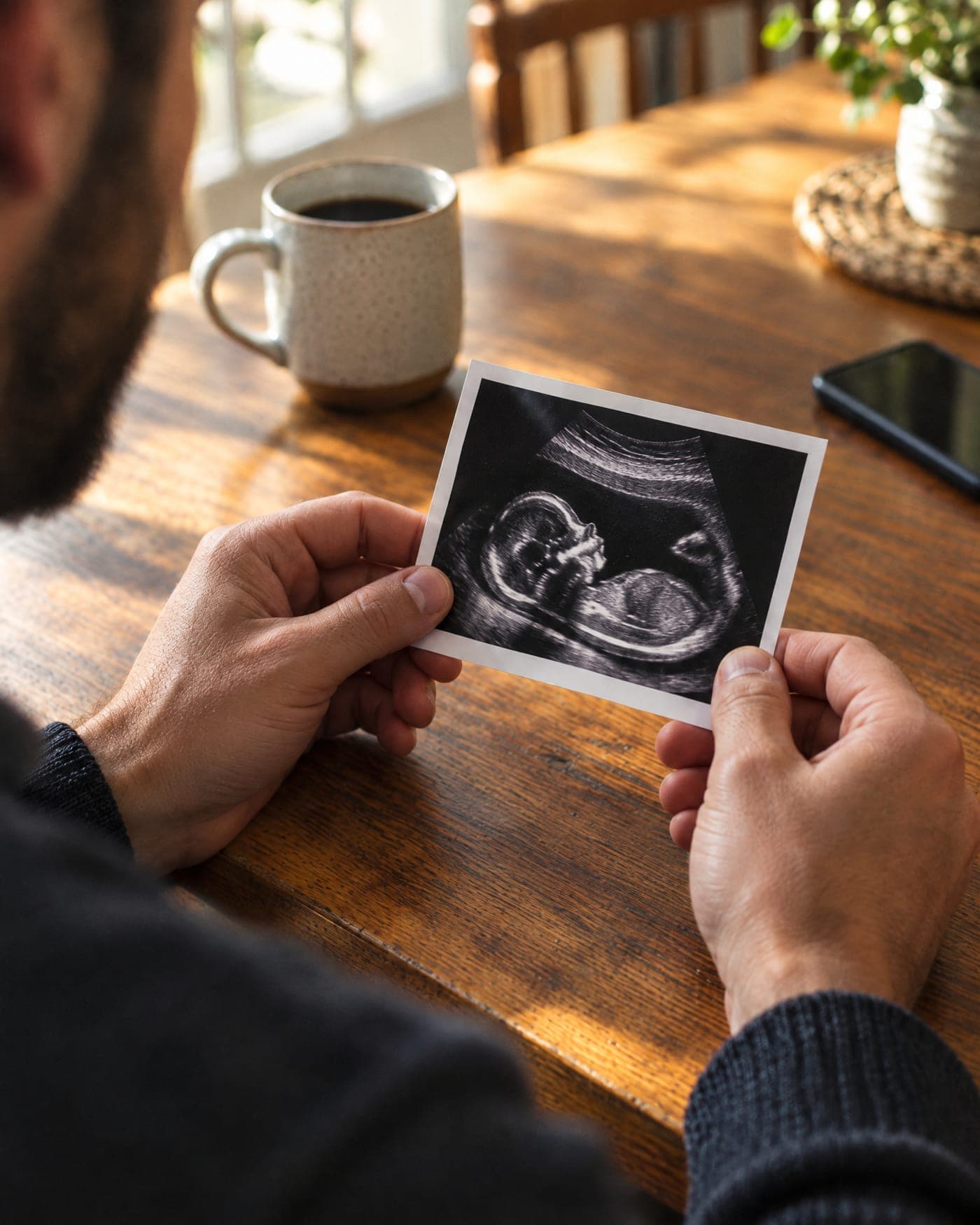 A man's hands holding an ultrasound printout over a kitchen table.